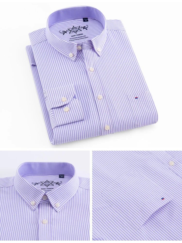 Folded purple striped shirt with brand logo on a white background