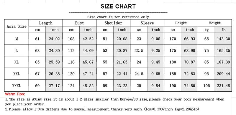 Size chart for clothing measurements in centimeters and inches with a warning text at the bottom.