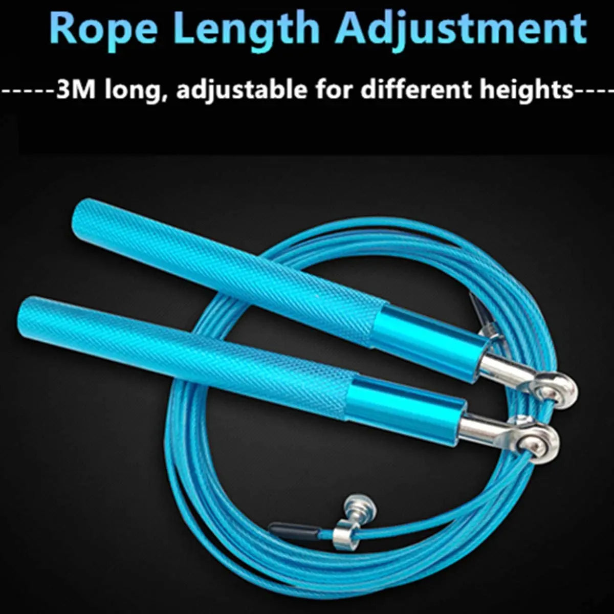 Blue跳绳 with text indicating length and adjustability on a black background