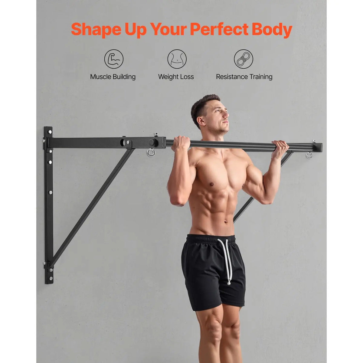 Man performing a chin-up on a black wall-mounted pull-up bar.