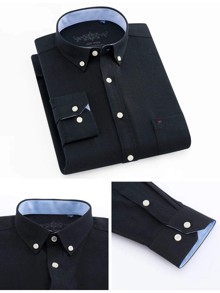 Black dress shirt with white buttons on a white background