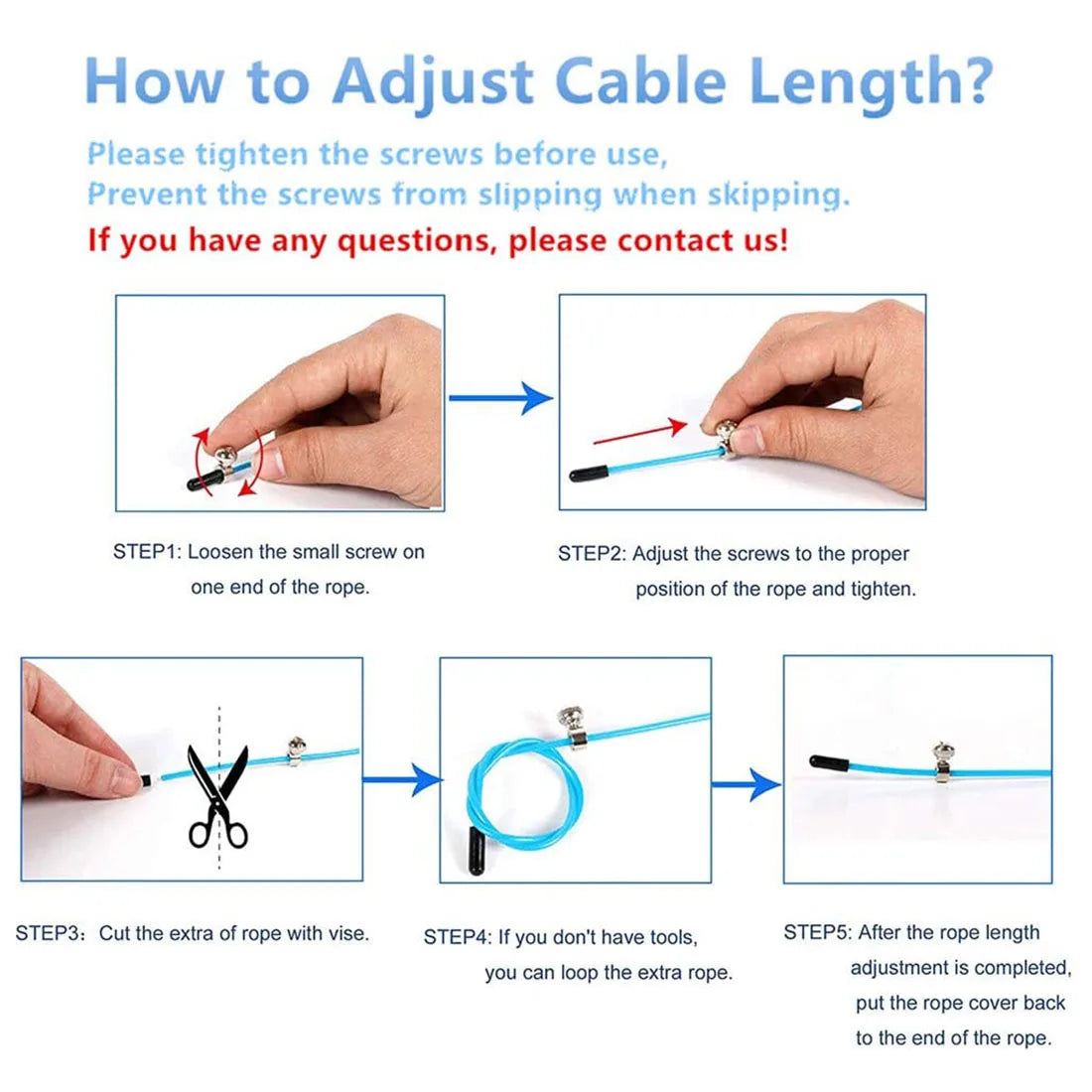 Instructions on how to adjust cable length with step-by-step illustrations and text.
