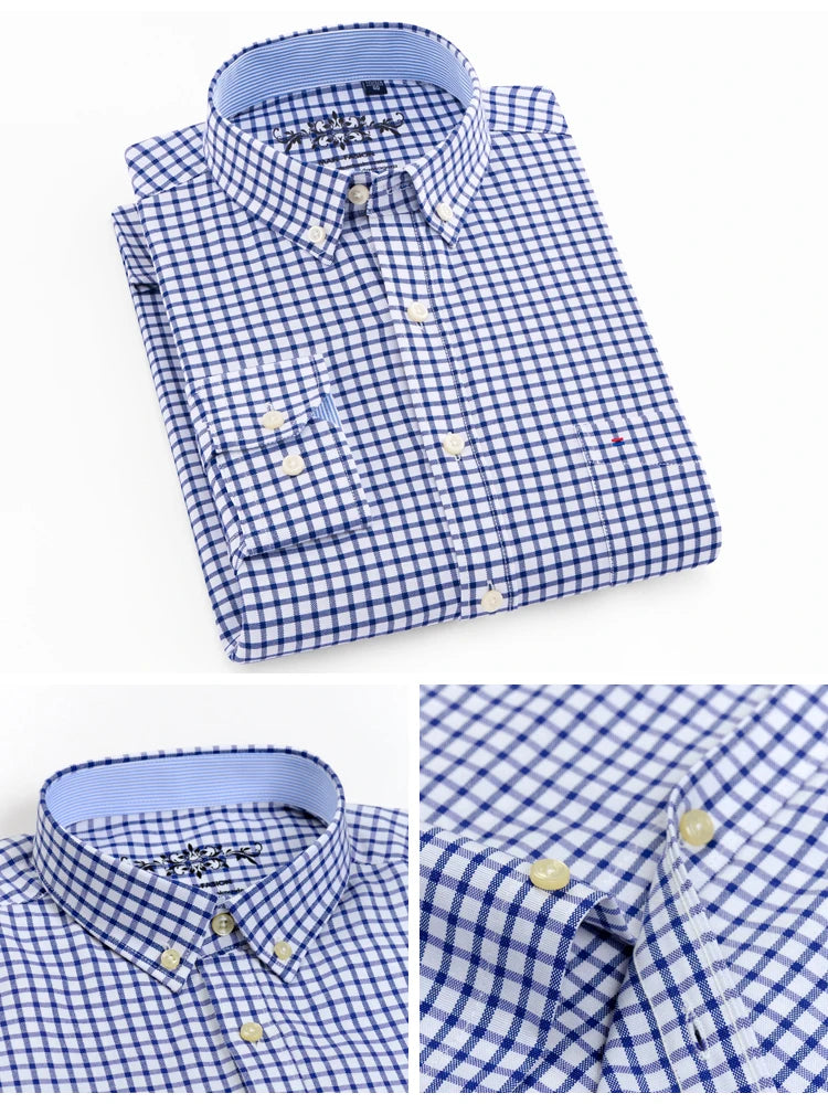 Folded blue and white checkered shirt with close-up details on a white background