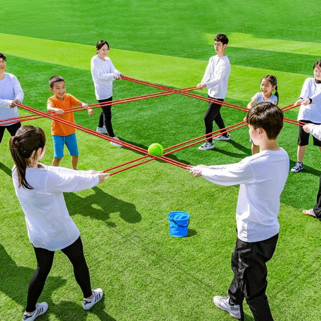 Group of people playing a game with resistance bands on a grassy field.