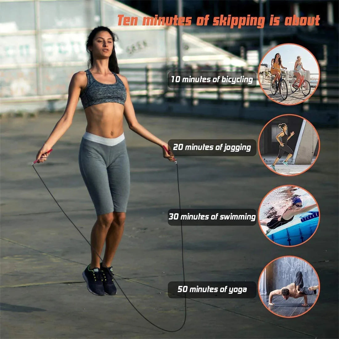 Woman skipping rope with fitness activities illustrated around her