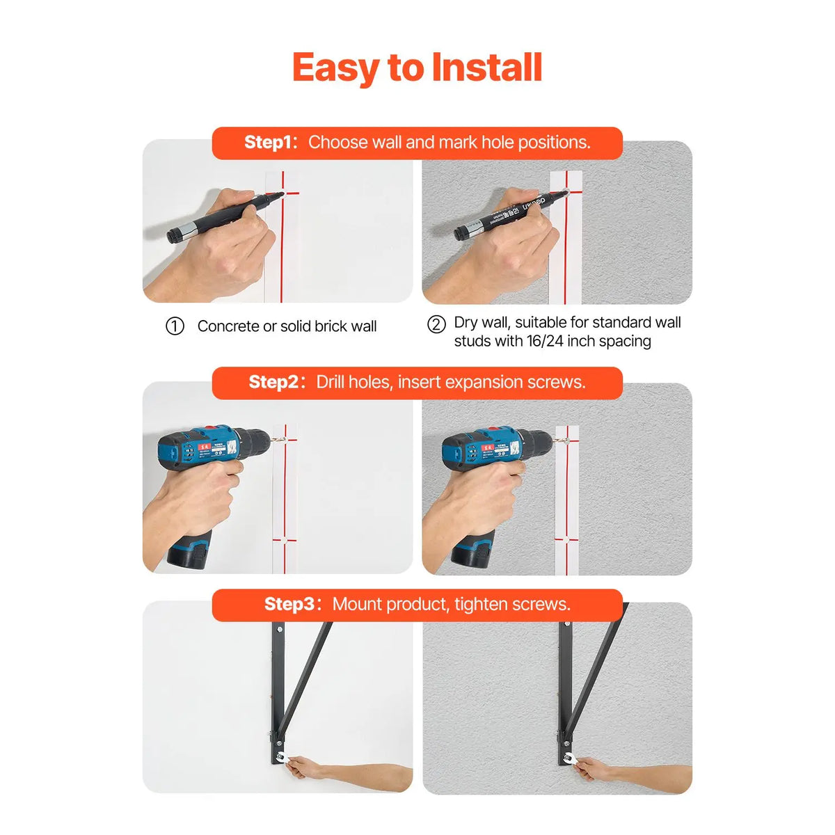 Installation diagram showing wall-hole marking, drilling and fastening the pull-up bar brackets.
