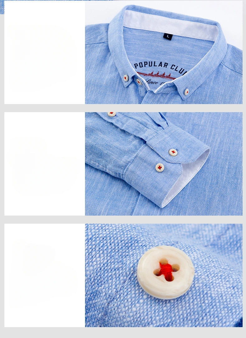 Close-up of a blue shirt with collar and button details, featuring 'Popular Club' branding.