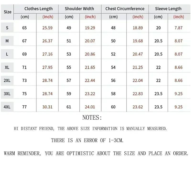 Size chart for clothing with measurements in centimeters and inches.