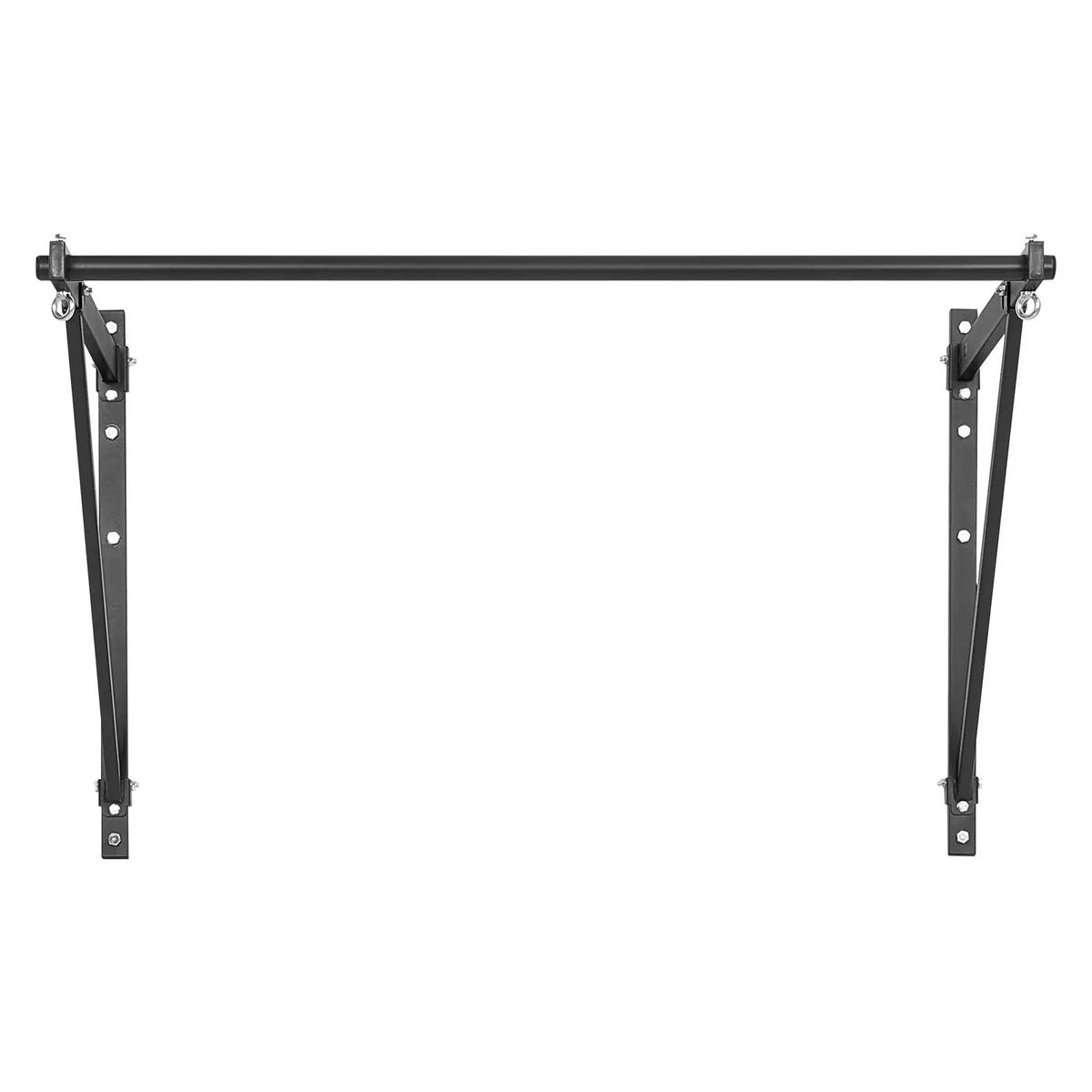 Front view of a black wall-mounted pull-up bar with two vertical mounting brackets and diagonal supports.