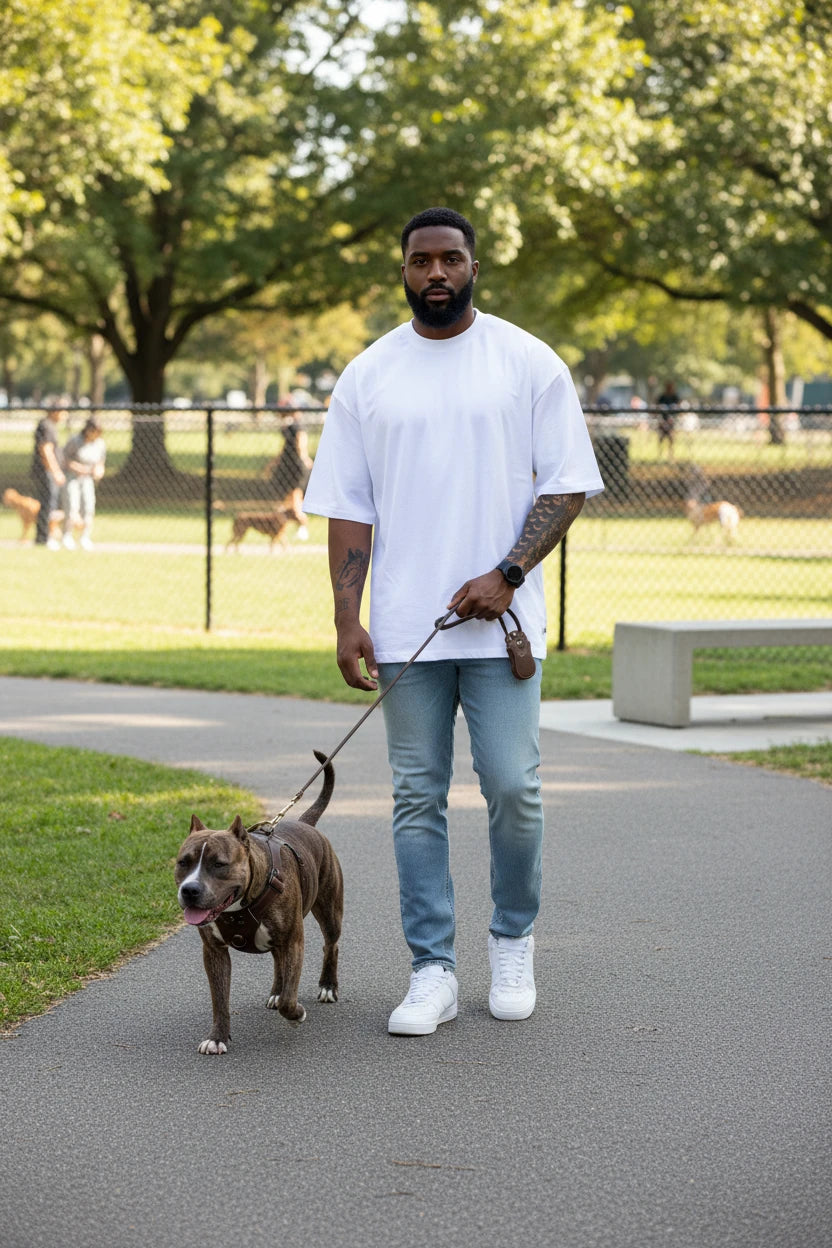 Person wearing a white t-shirt with a park in background