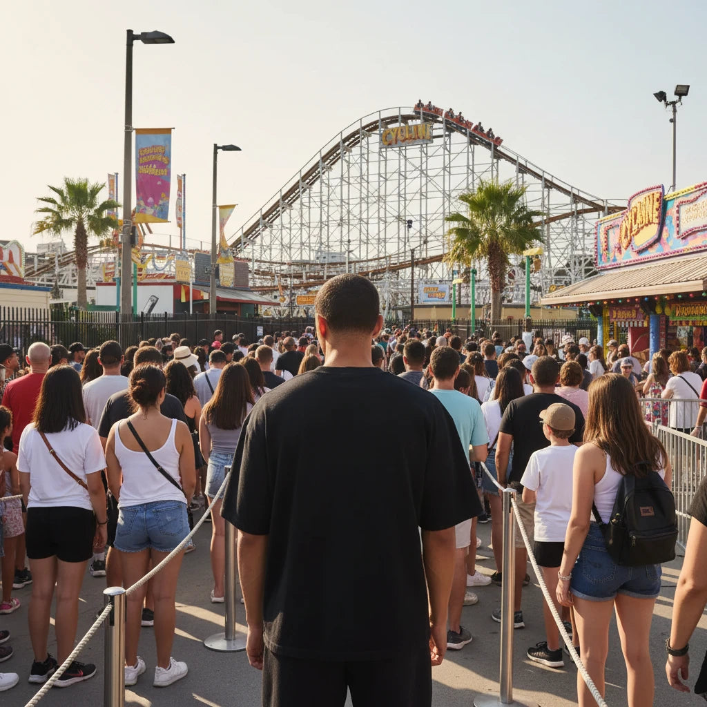 Person wearing a black t-shirt on line of cyclone at Luna park