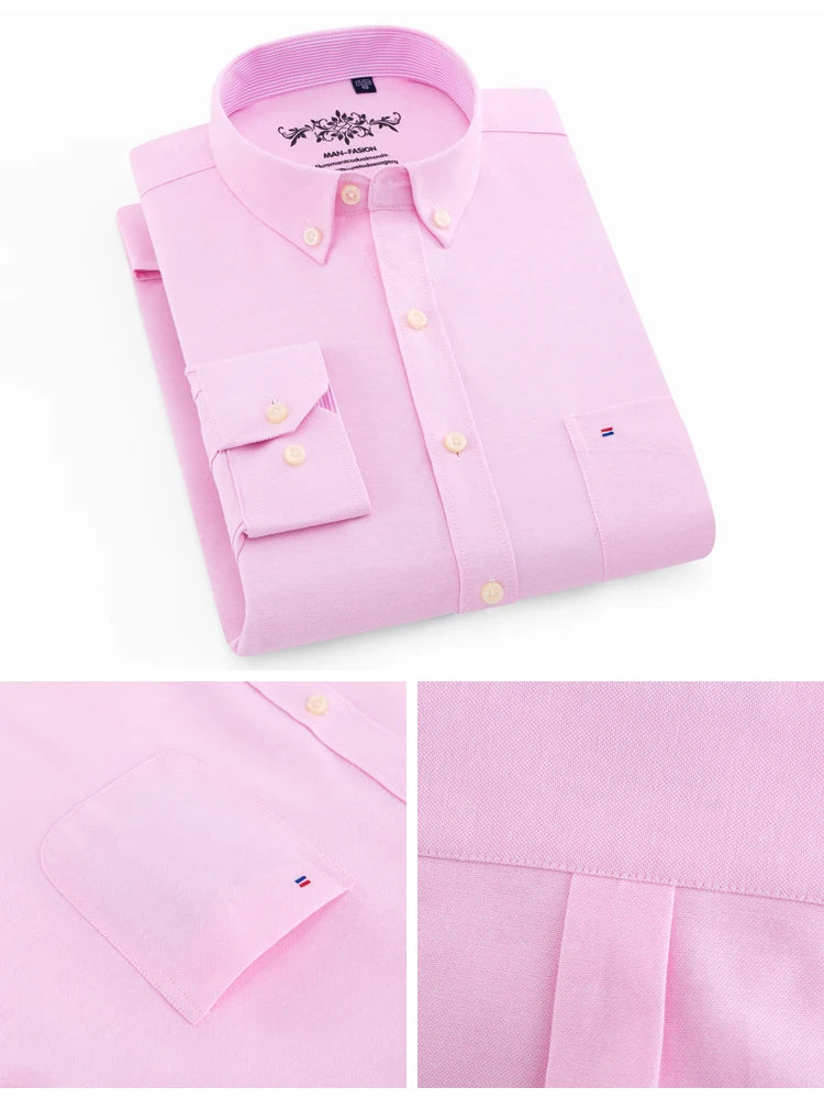 Pink dress shirt with collar and button details on a white background
