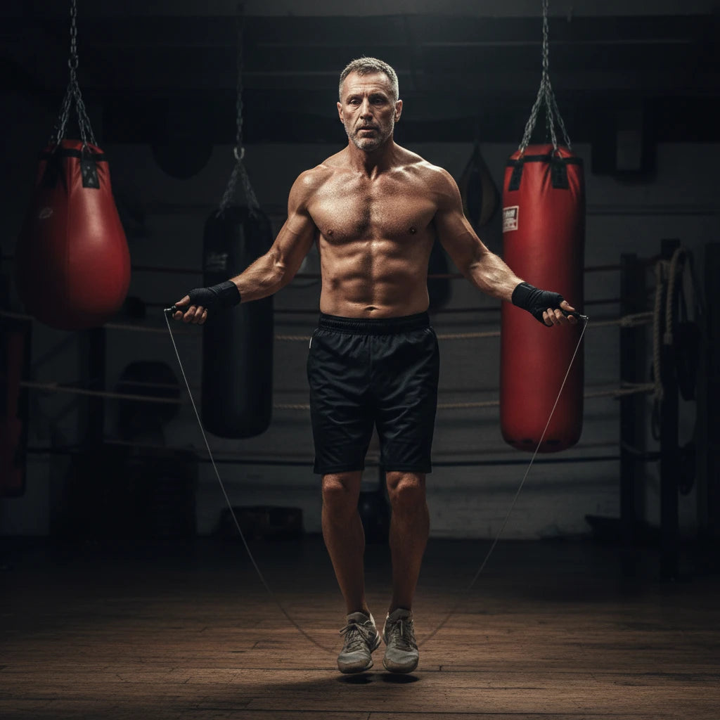 boxer in boxing gym using jump rope to exercise with boxing bags in background.