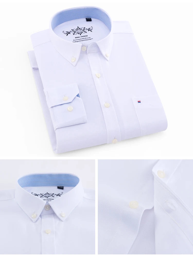 White dress shirt with blue collar and cuff, featuring a brand logo, on a white background.