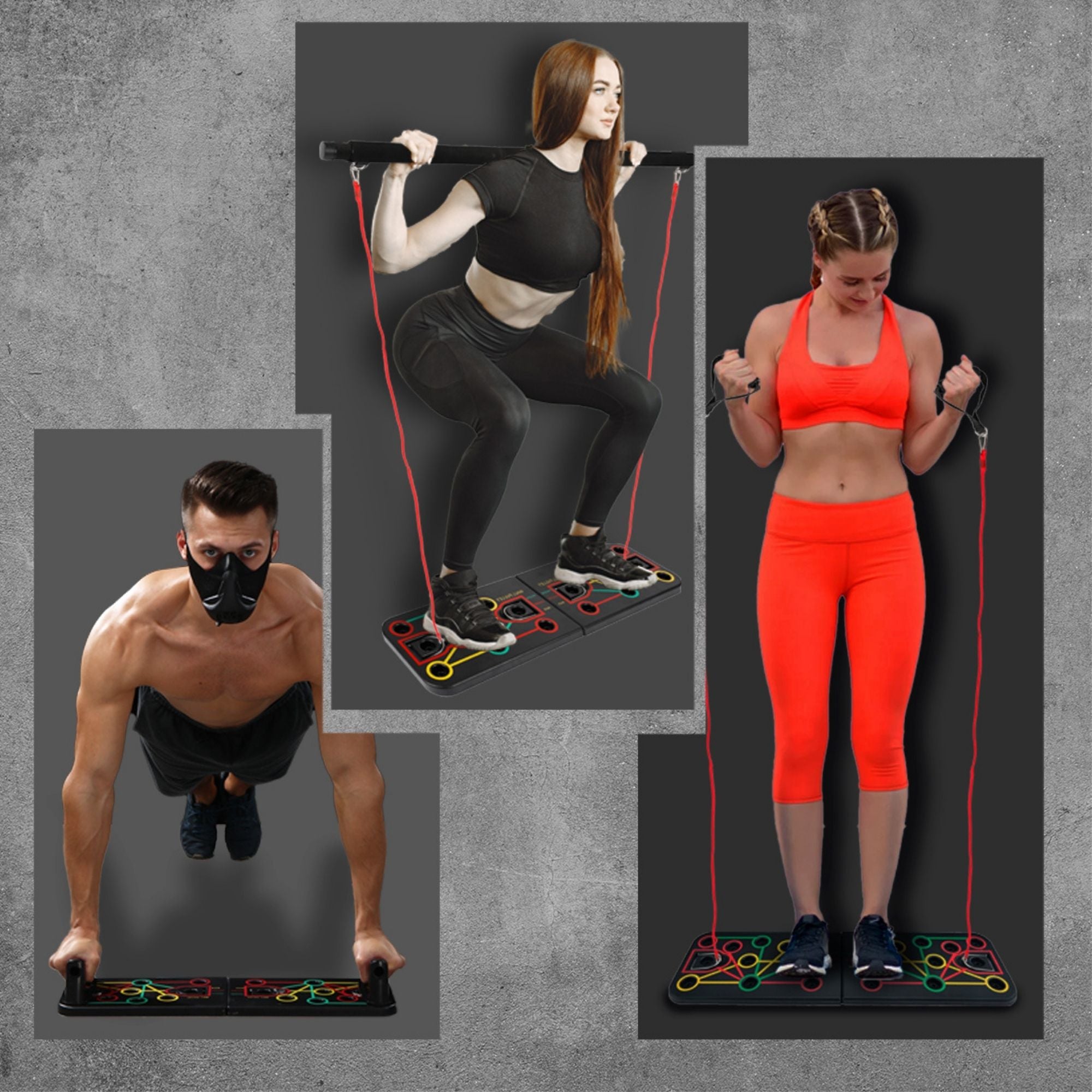 Collage of people using a fitness mat with resistance bands on a gray background