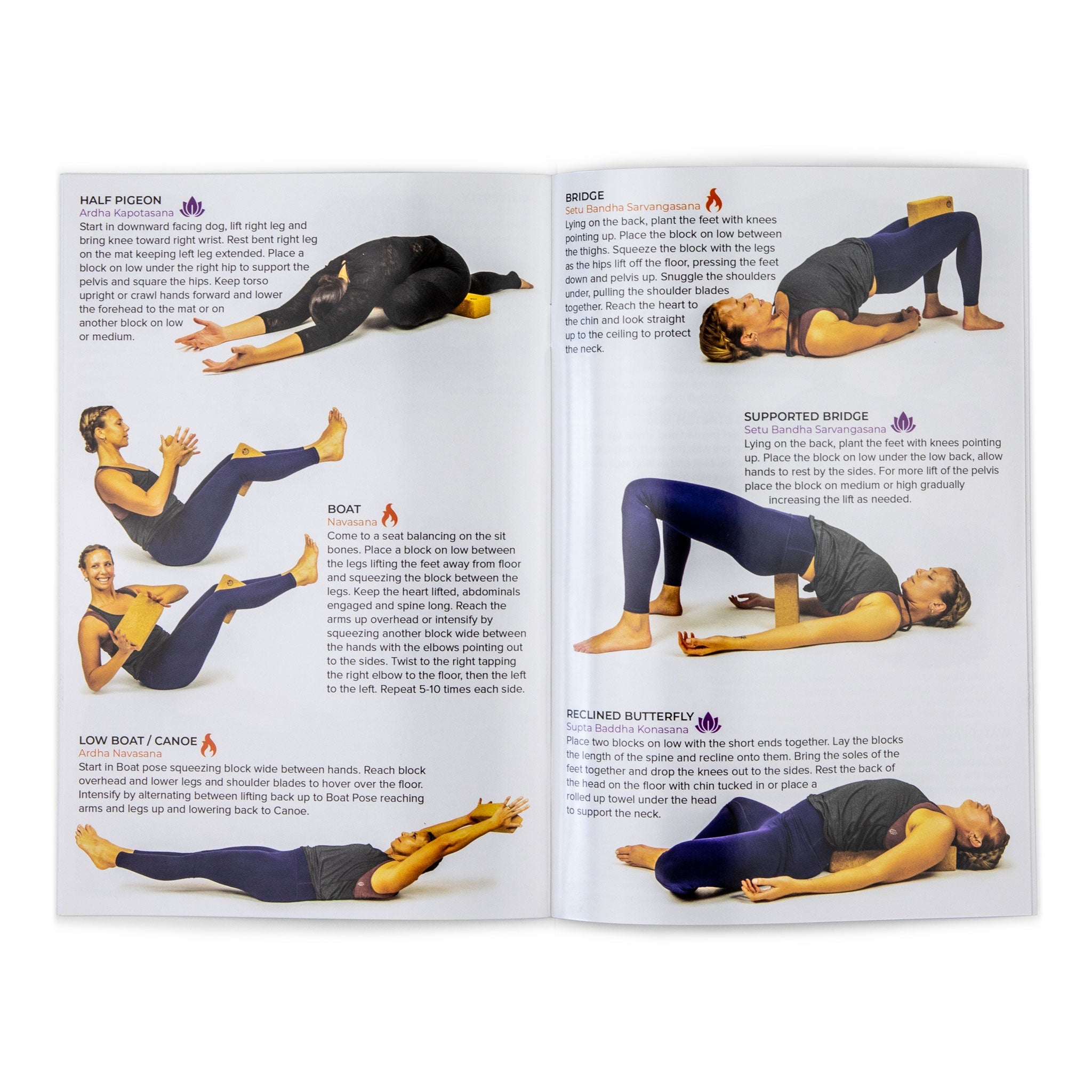 Open book showing yoga poses with illustrations and text on a white background
