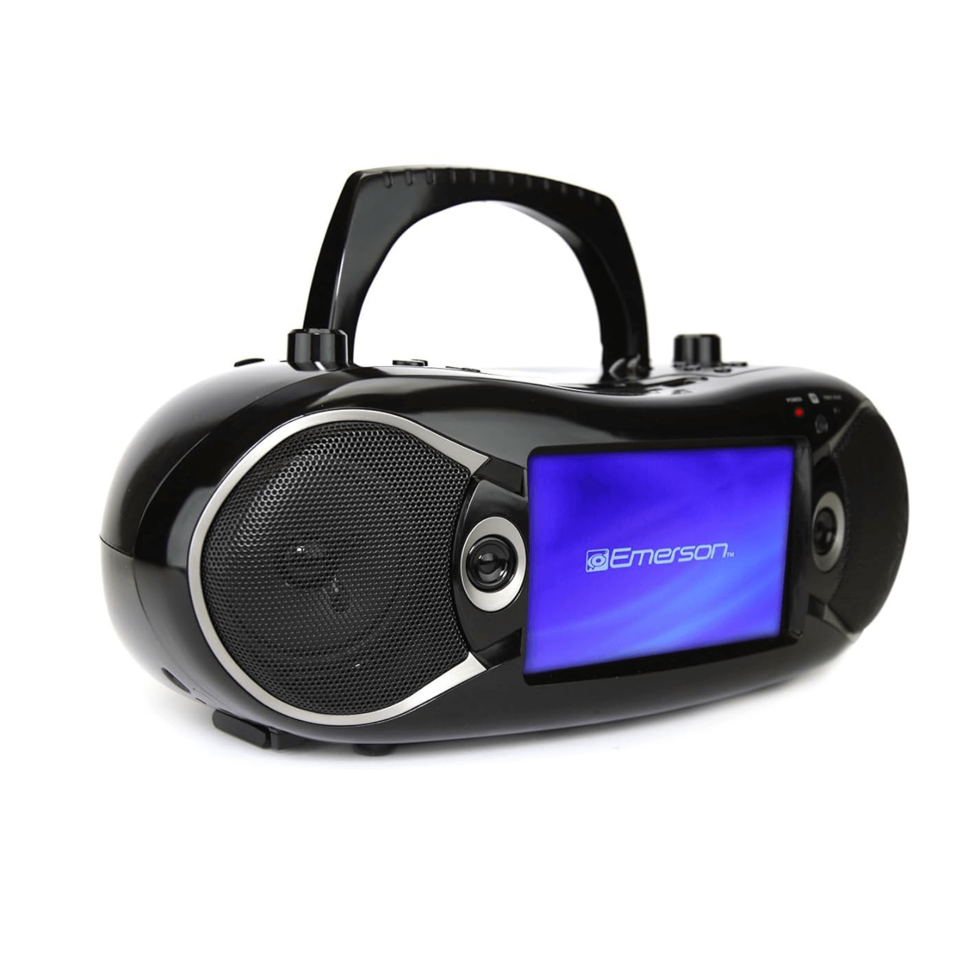 Black portable stereo with a screen displaying the Emerson logo on a white background