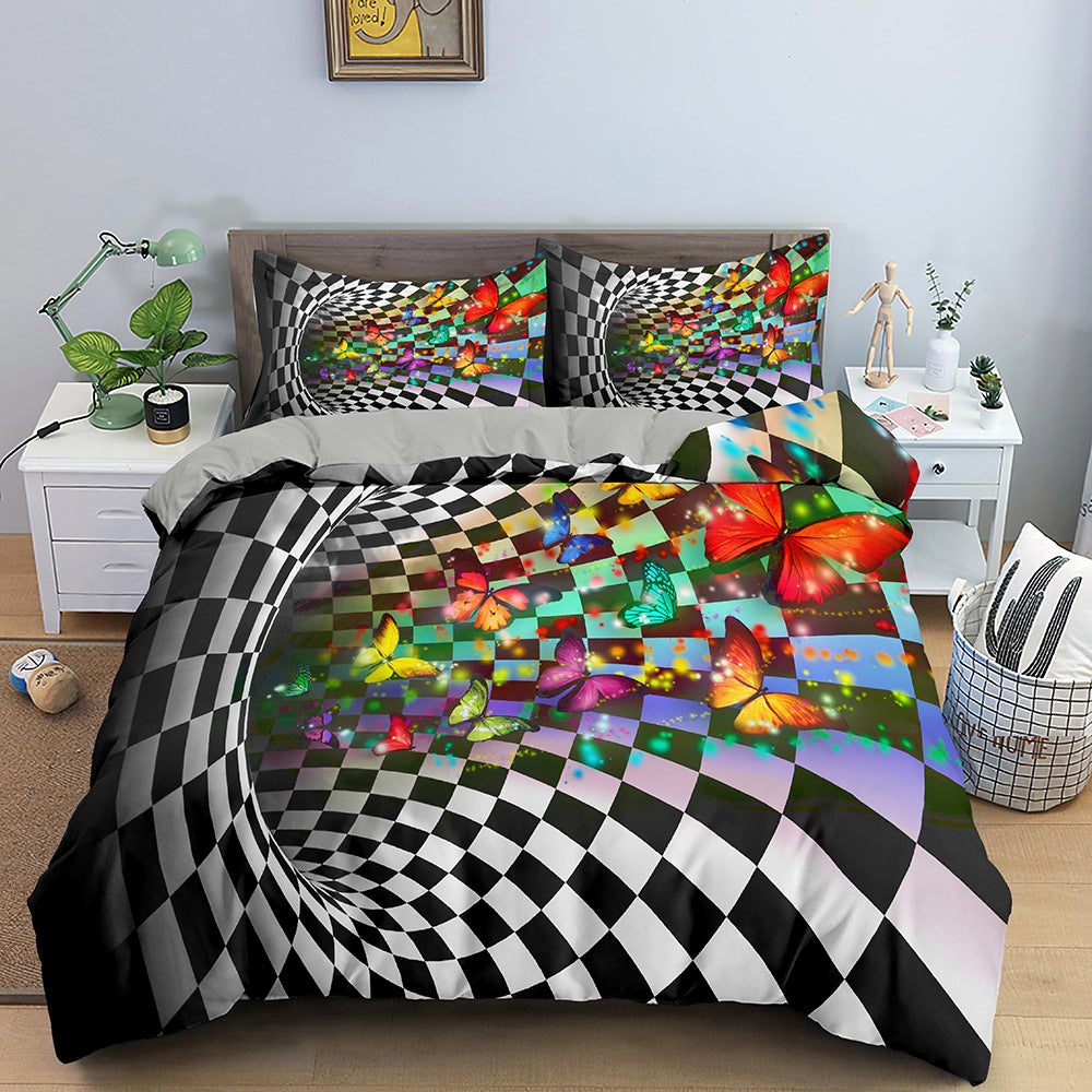 Bedding set with butterfly and checkered design in a bedroom setting