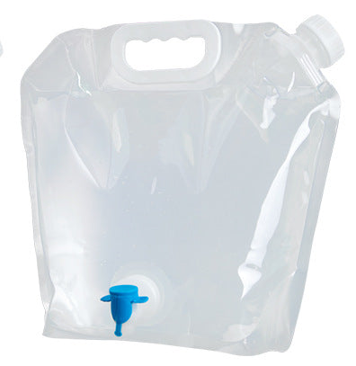 Clear plastic water bag with a blue valve on a white background