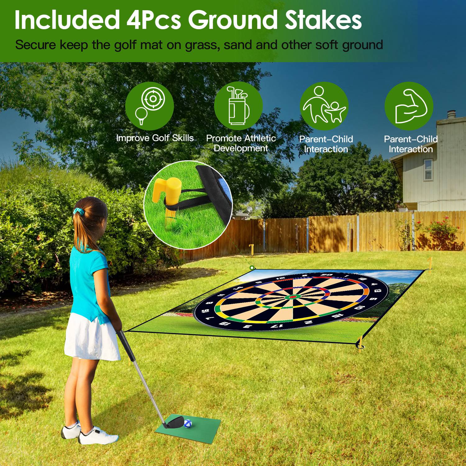 Girl playing golf on a large green mat with included ground stakes, surrounded by trees and a house.