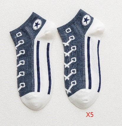 Two pairs of blue and white socks with a star and lacing design on a light gray background.