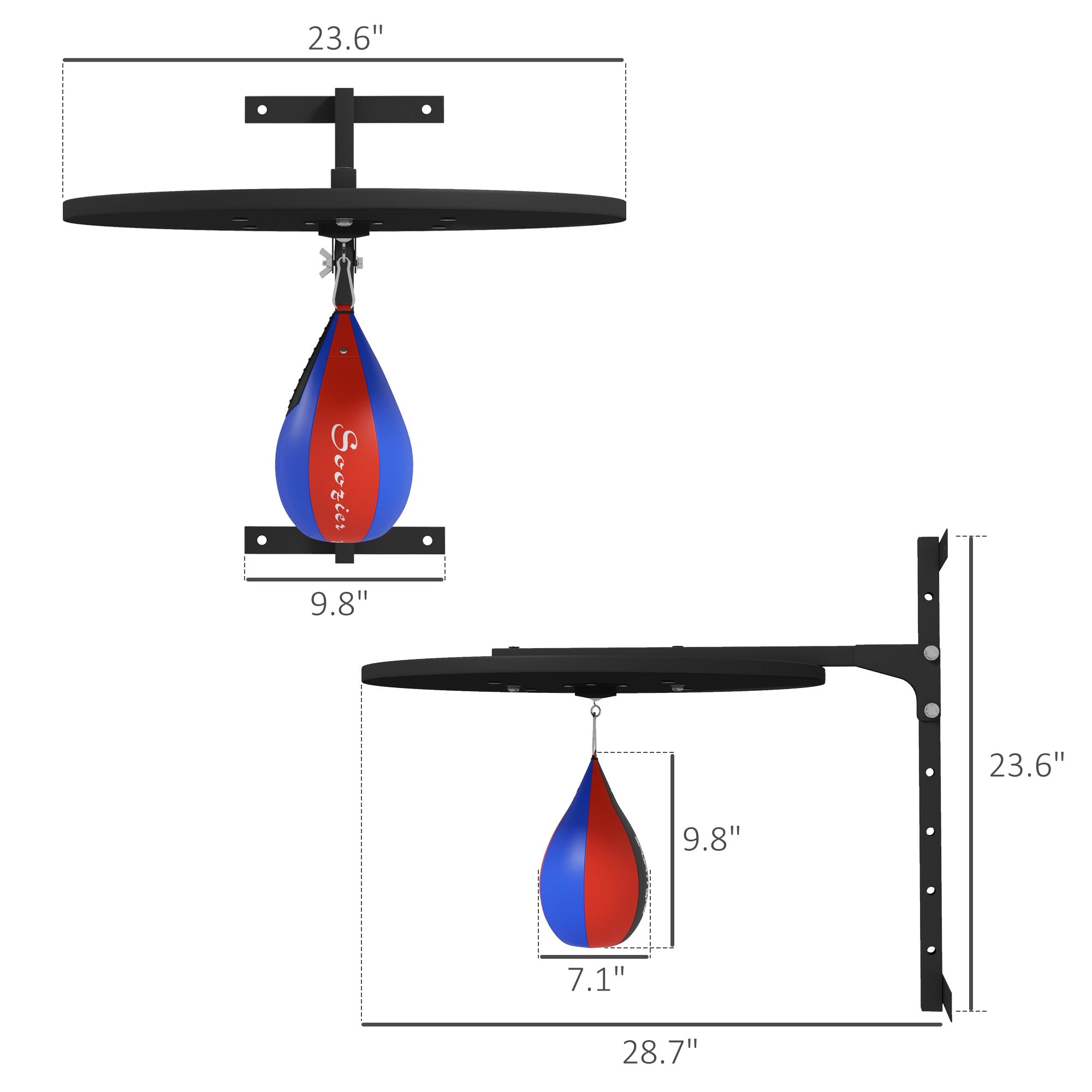 Speed bag with mounting bracket and measurements on a white background