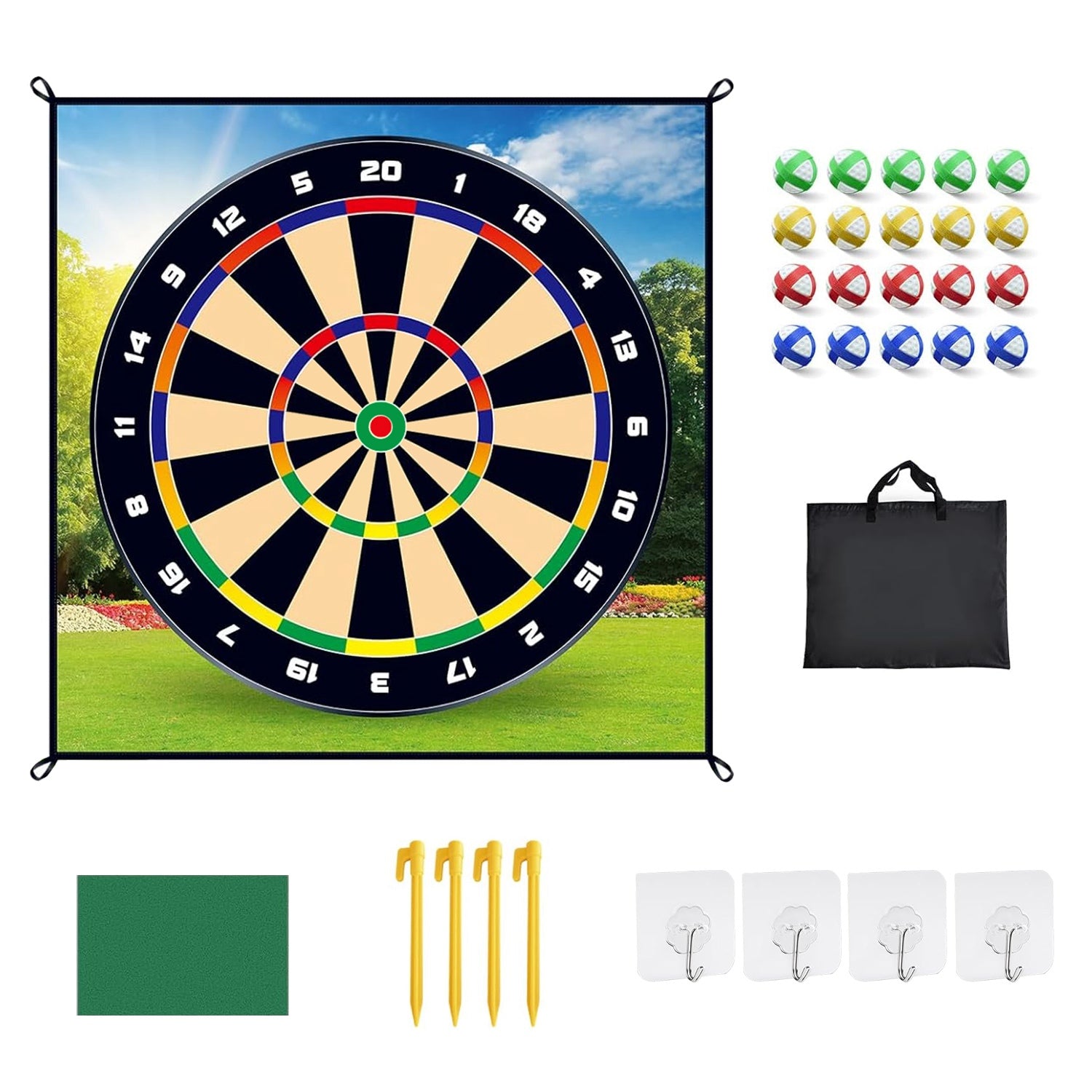 Outdoor dartboard set with darts, bag, and accessories on a white background