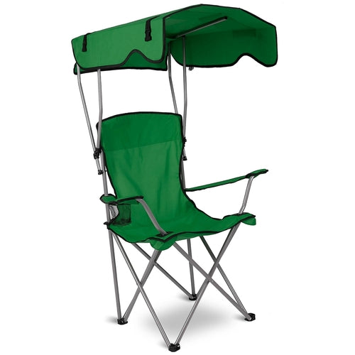 Green camping chair with canopy on a white background