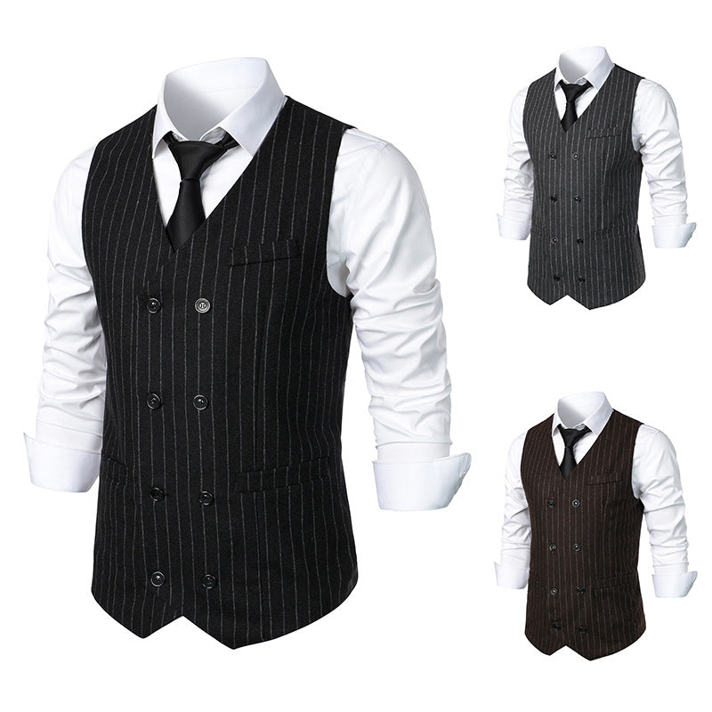 Black pinstripe vest with white shirt on mannequins against a white background