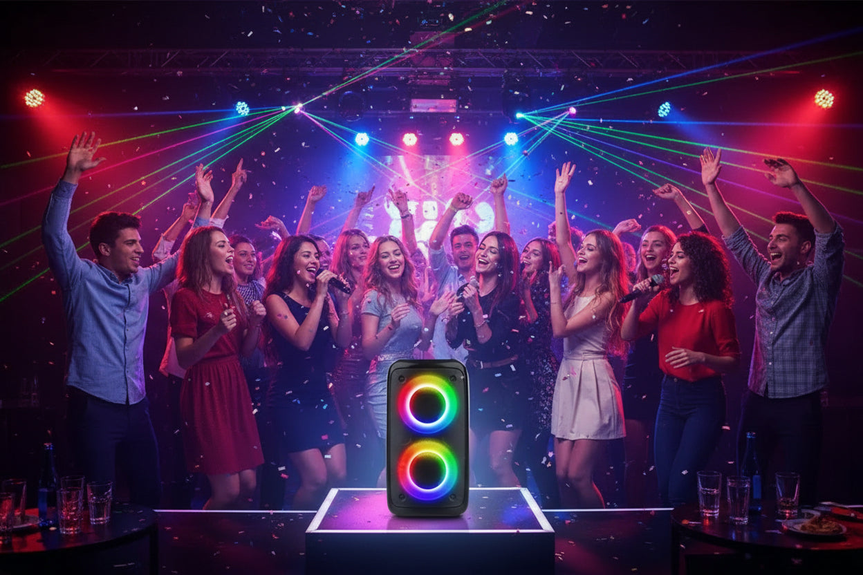 People in an event space using Black speaker with RGB lighting for entertainment and fun