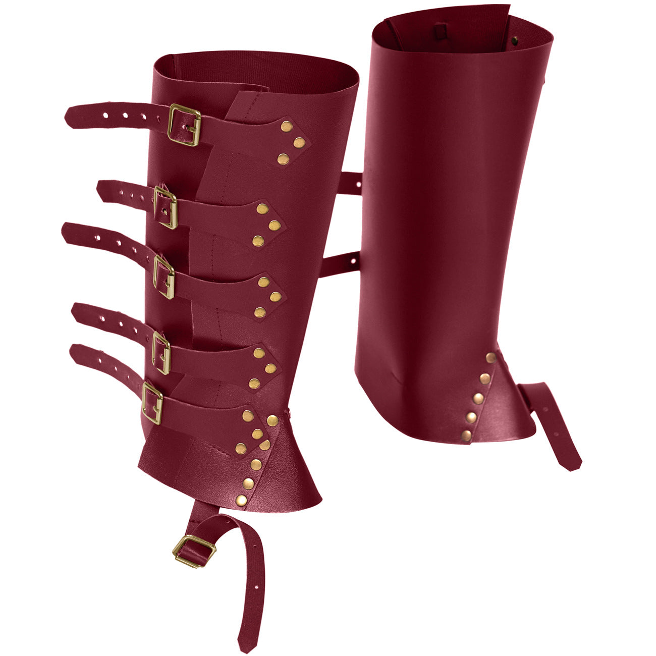Pair of red leather leg guards with gold buckles and studs on a white background