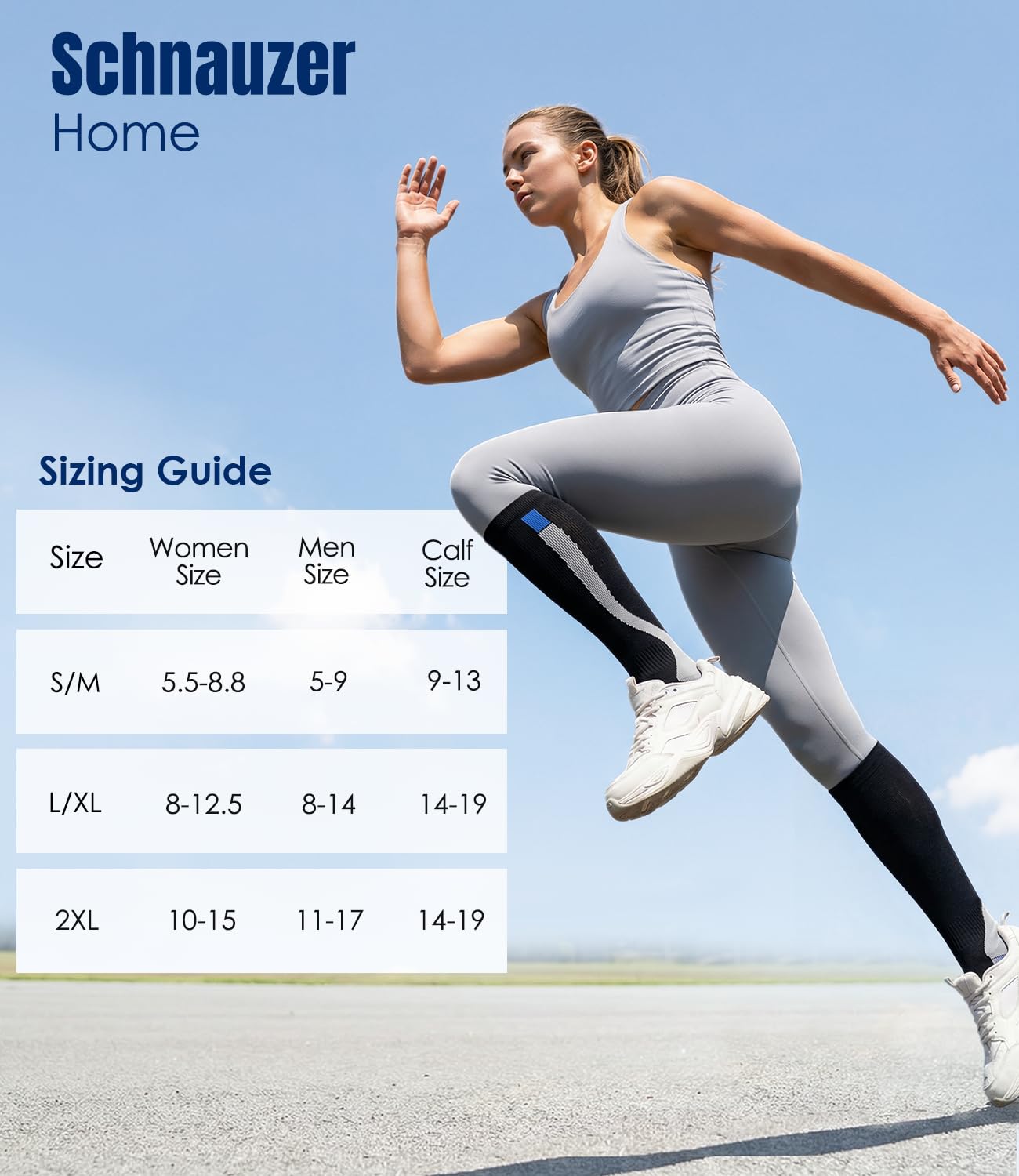 A woman in gray athletic wear runs outdoors under a blue sky, with a sizing guide table overlaid on the left side showing women's, men's, and calf size information. The text 'Schnauzer Home' appears at the top left.