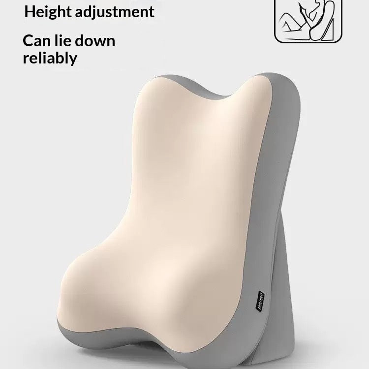 A contoured ergonomic support pillow in cream and gray, shown on a light gray background with text reading 'Height adjustment Can lie down reliably' and a small icon in the top right.