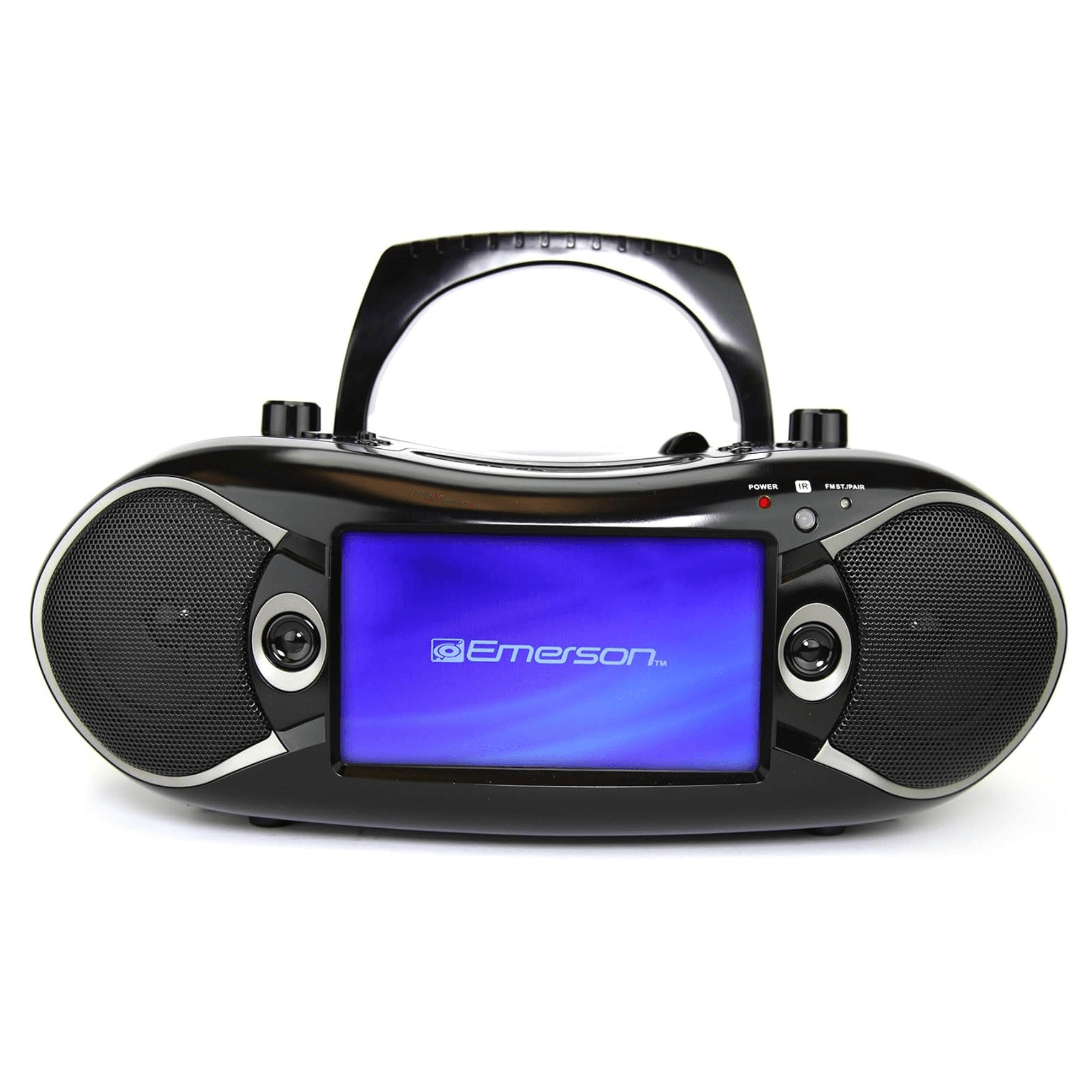 Black Emerson boombox with a blue screen on a white background