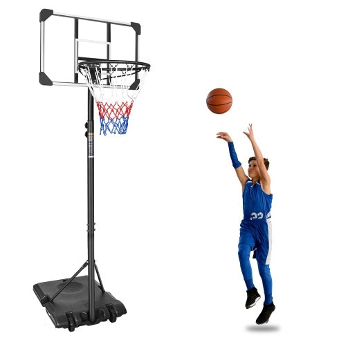 Basketball hoop with a player in a blue uniform about to shoot a basketball.