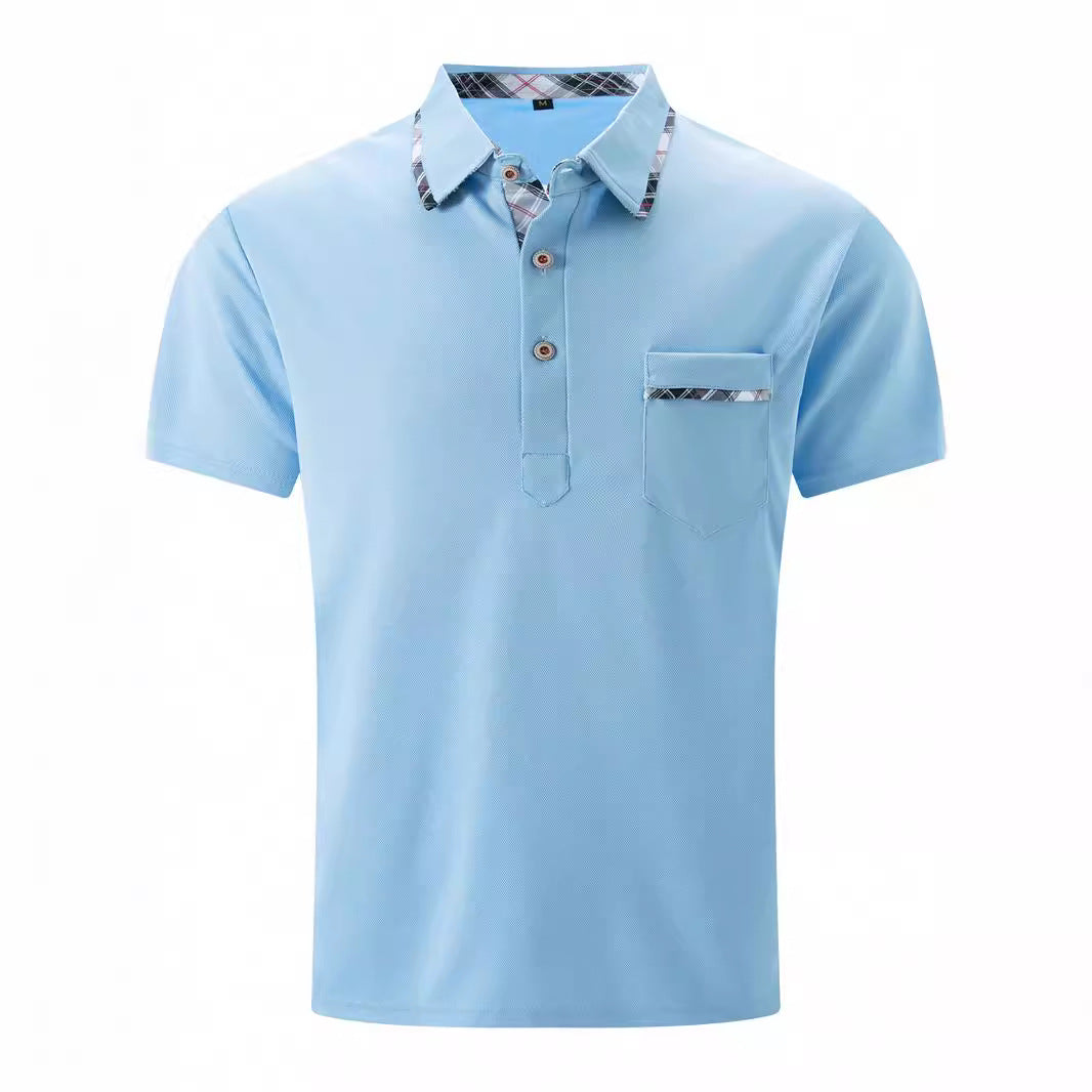 Light blue polo shirt with plaid collar on a white background