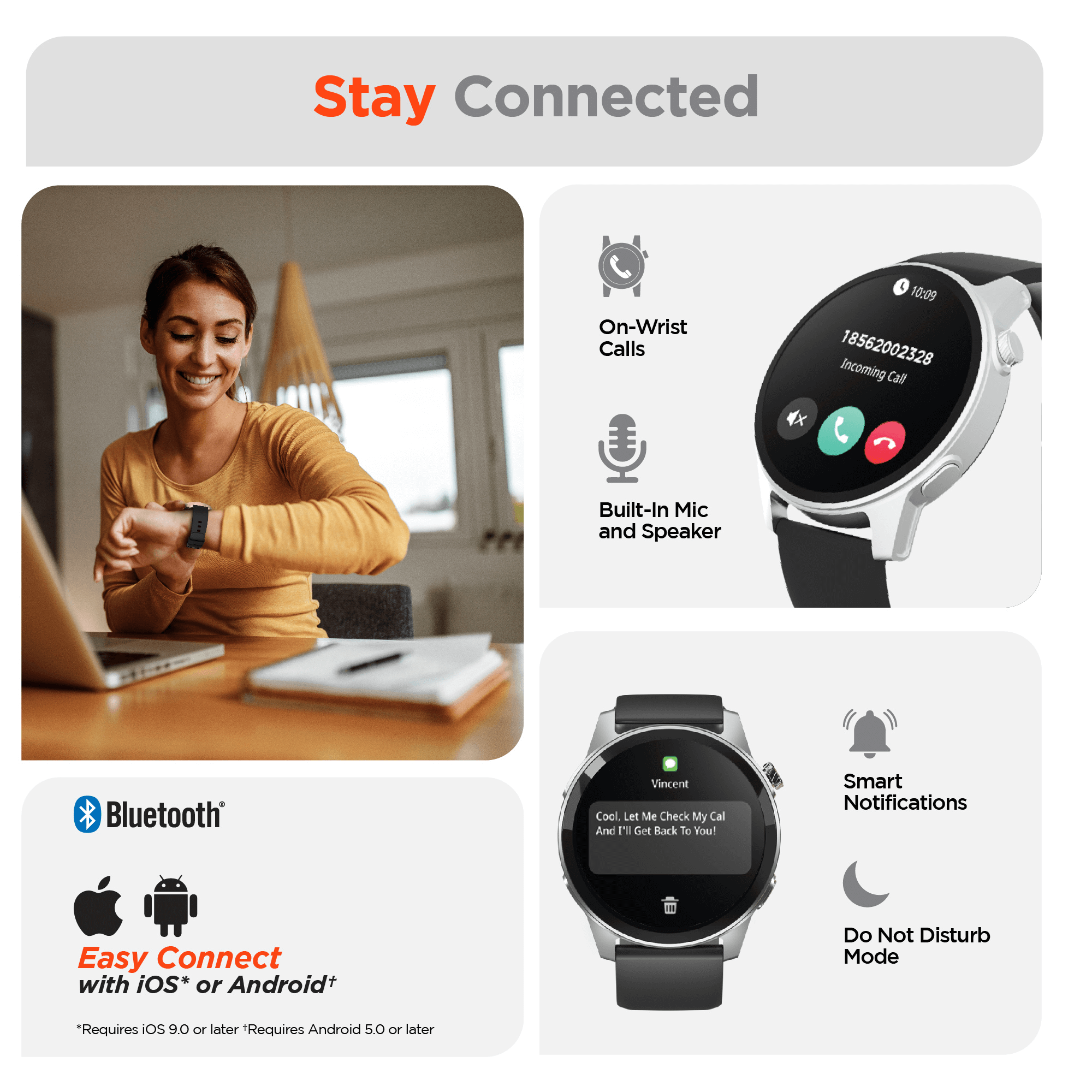 Smartwatch with features like on-wrist calls, built-in mic and speaker, Bluetooth connectivity, and easy connection with iOS or Android. Woman using a laptop in the background.