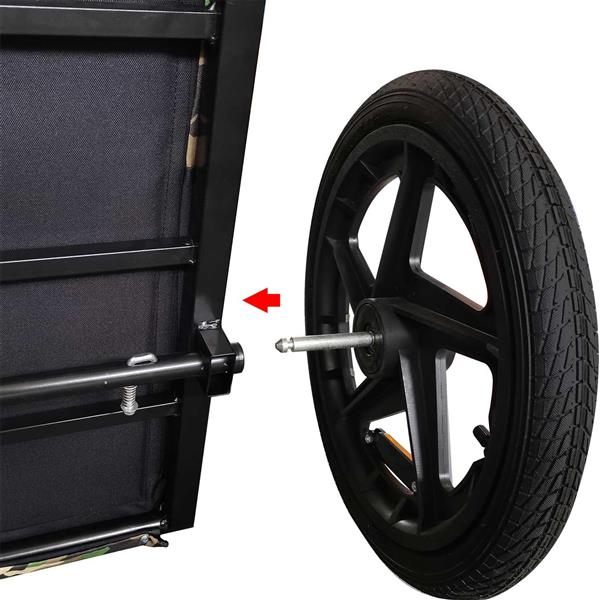 Close-up of a wheelchair wheel with a red arrow pointing to the axle on a white background