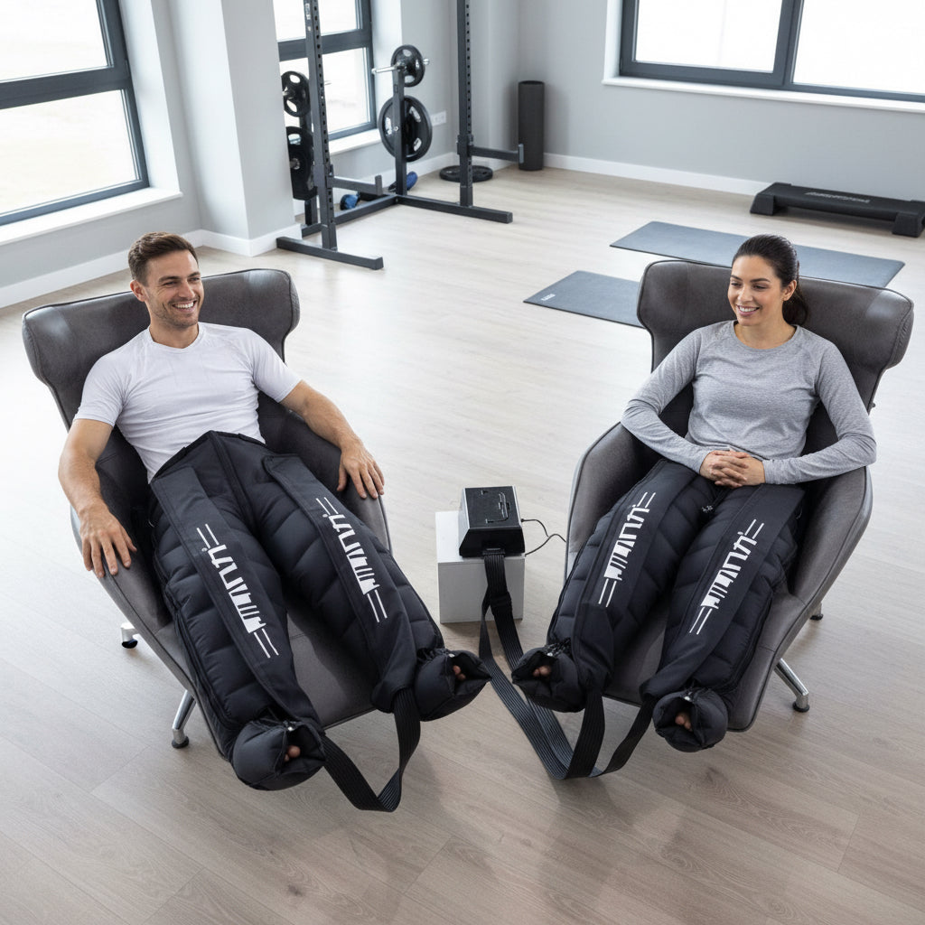 2 people using a massage chair with attachments in a therapy setting
