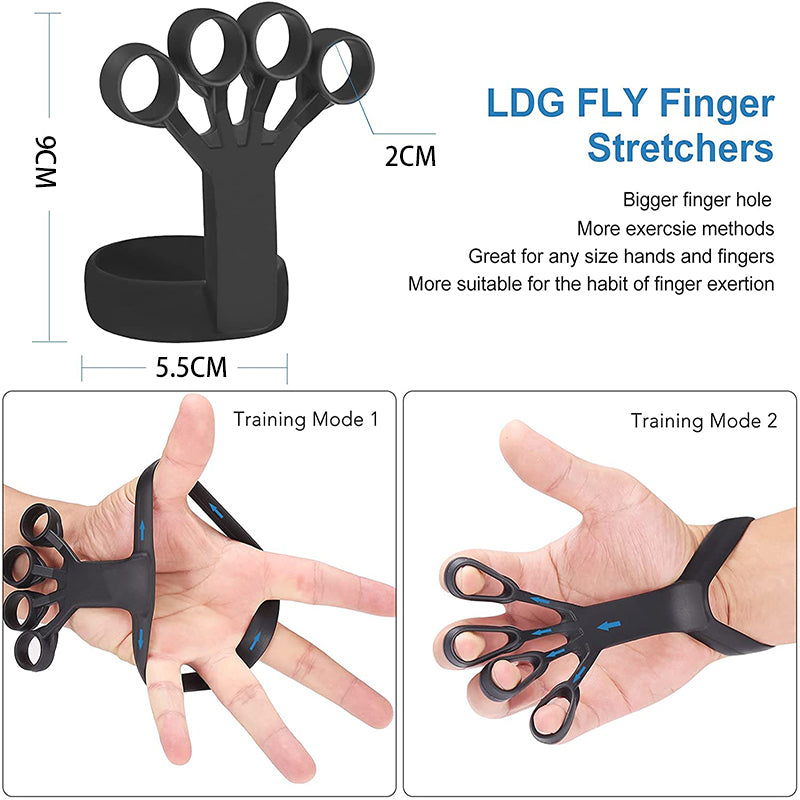 LDG FLY Finger Stretchers with measurements and usage examples on a white background