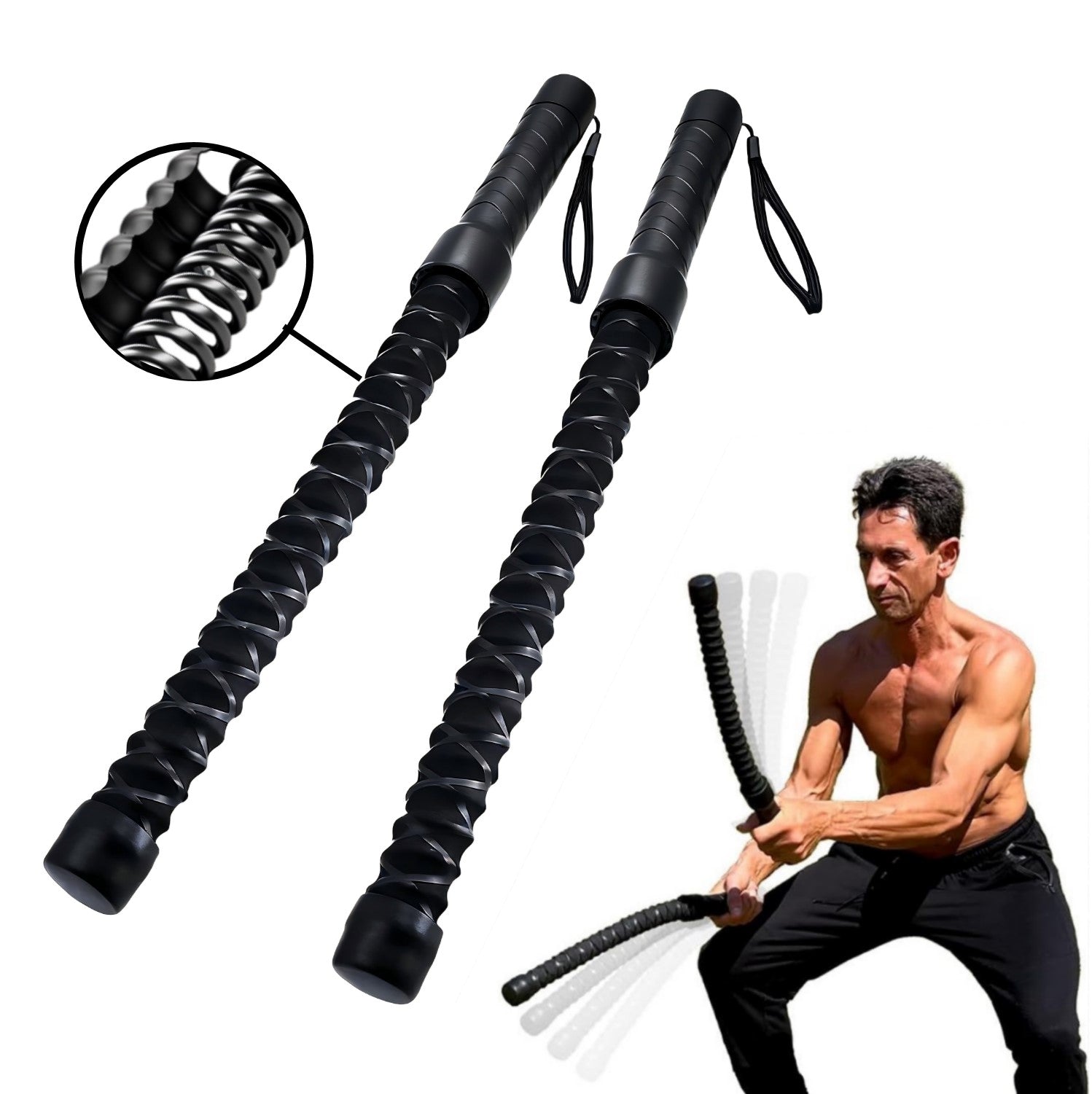 Two black(spring sticks) with a close-up of the spring mechanism and a man using them.