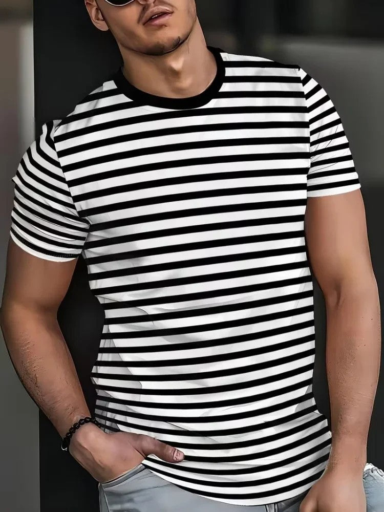 Classic Plaid & Stripe Printed Casual T-Shirt – Slim Fit Sports Tee