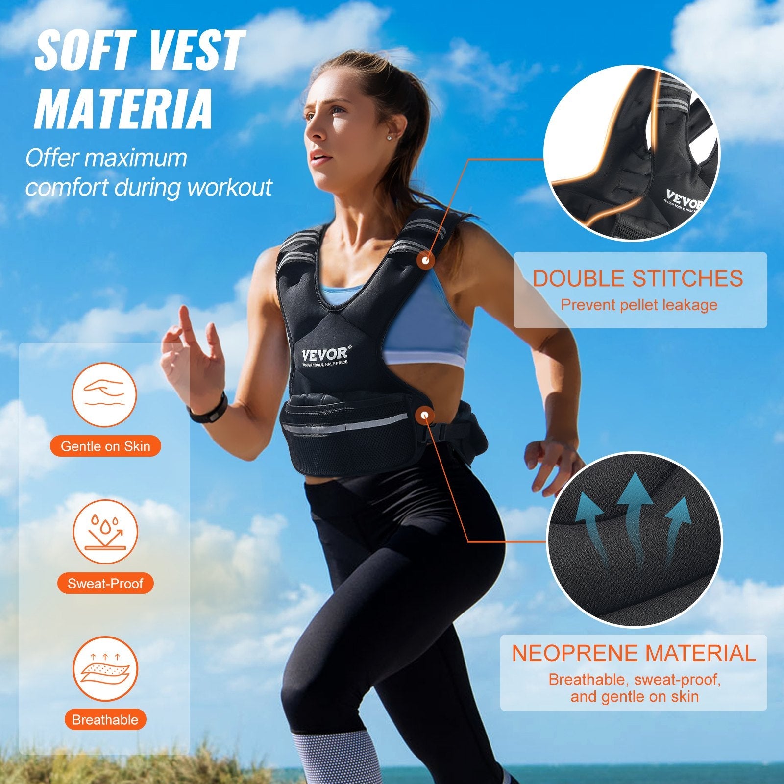 Woman wearing a VEVOR sports vest with text highlighting features against a blue sky.