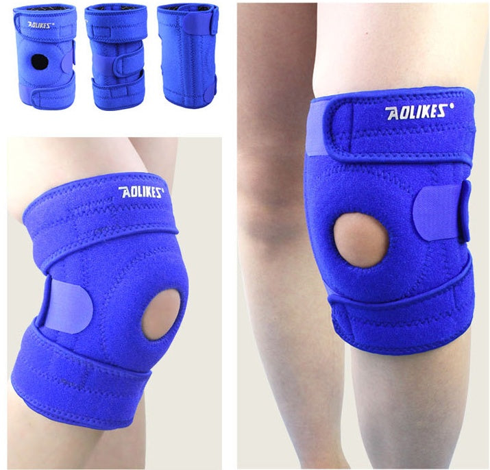 Blue knee pads with 'Aolikes' branding on a person's knee.