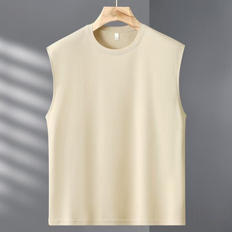 Beige sleeveless shirt on a hanger against a gray background