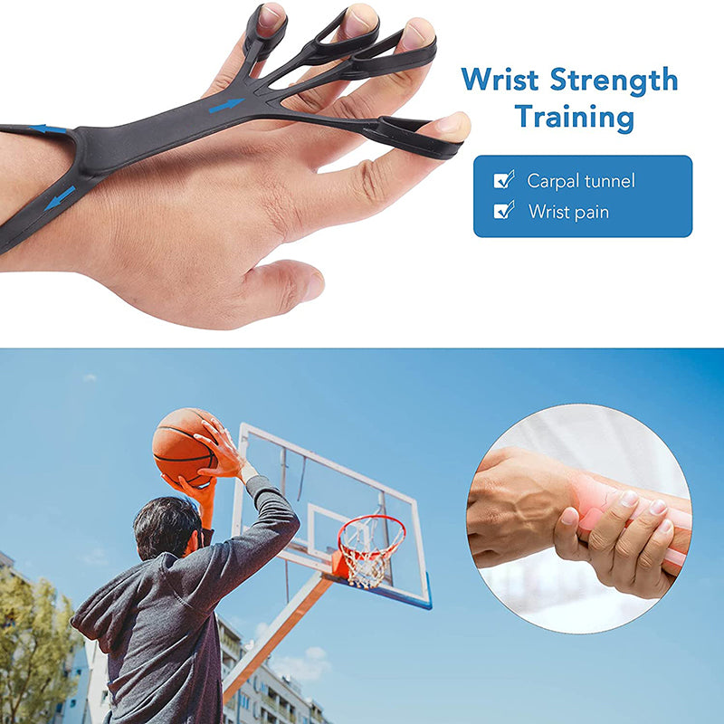 Hand using wrist strength training device with basketball player and close-up of wrist on white background