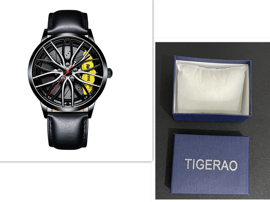 Black wristwatch with unique design and 'Tigerao' branded box on a white background
