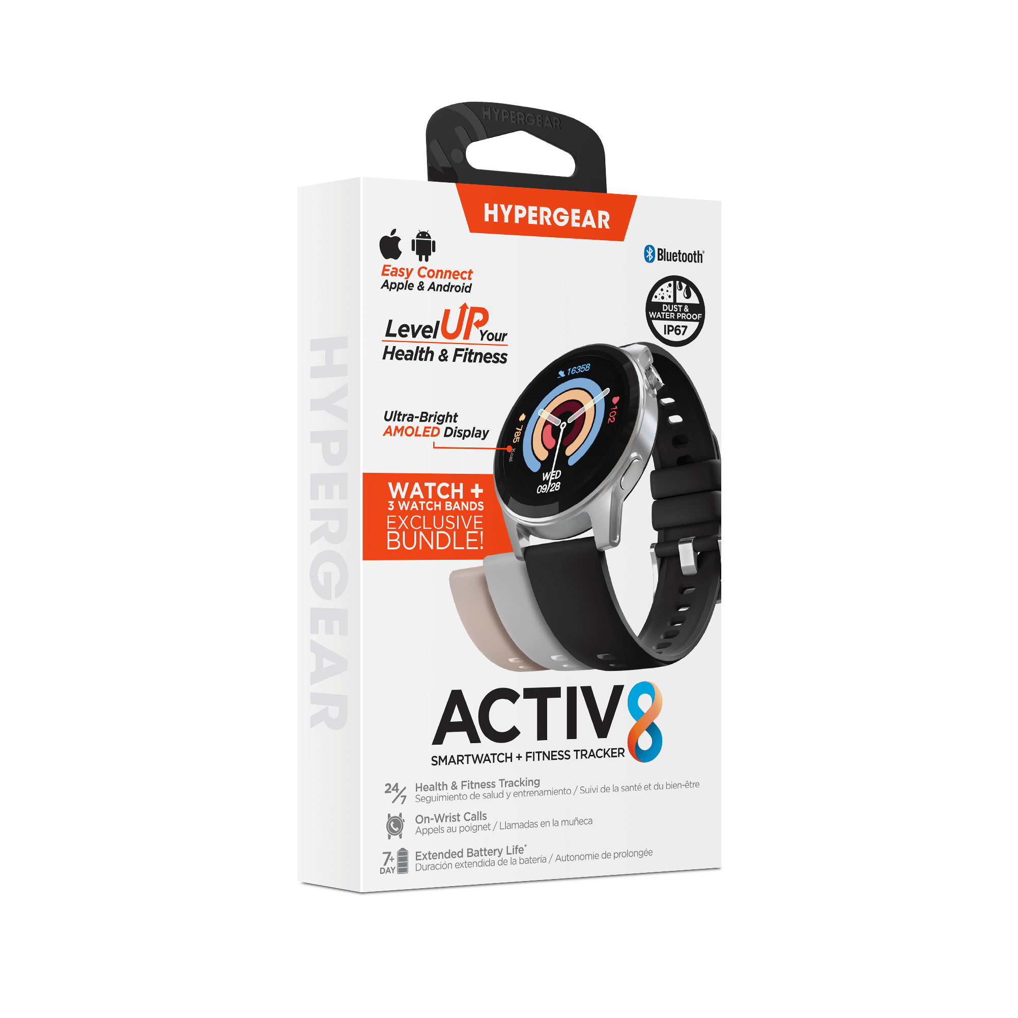 Hypergear Activ8 smartwatch and fitness tracker packaging on a white background