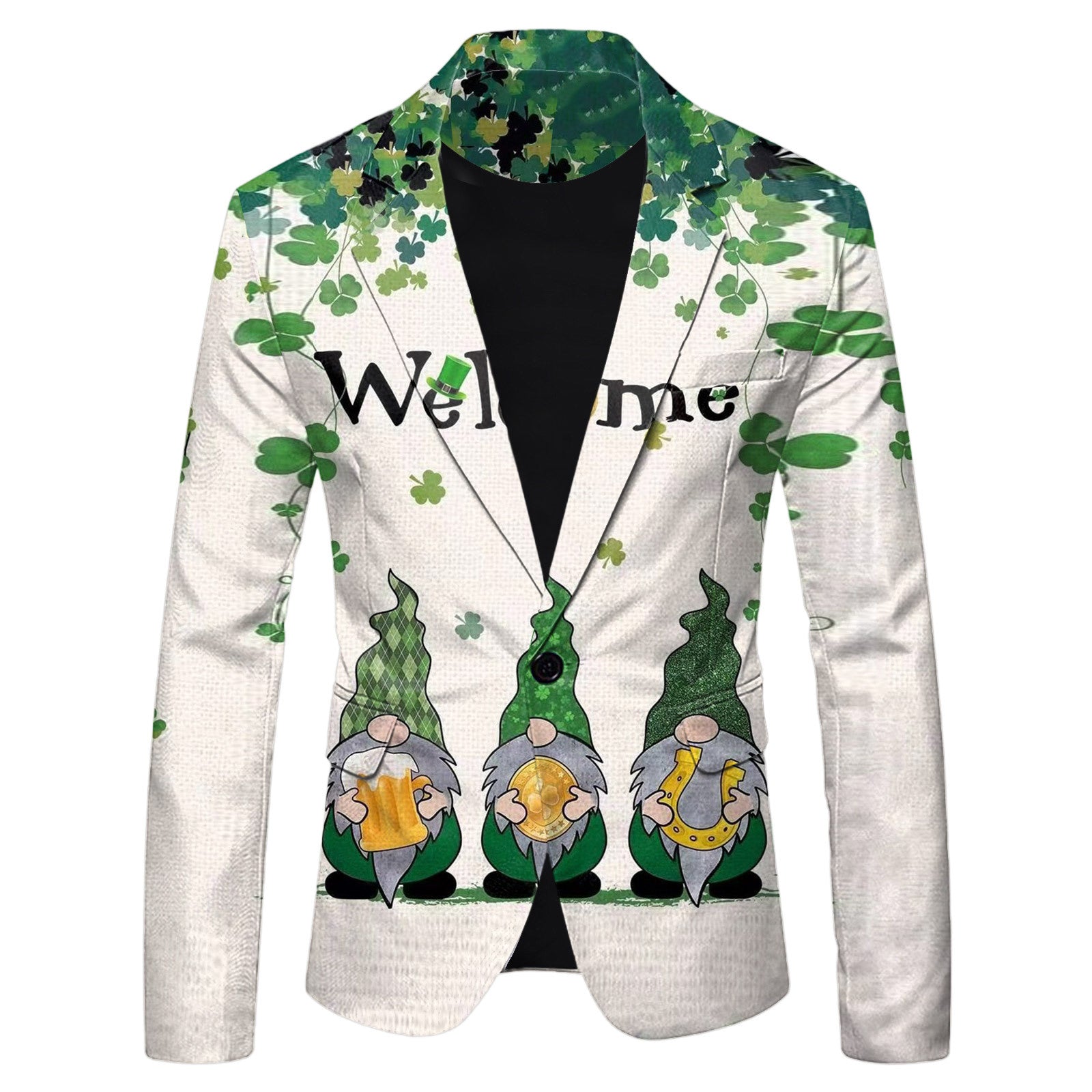 White blazer with shamrock pattern and cartoon gnomes on a white background