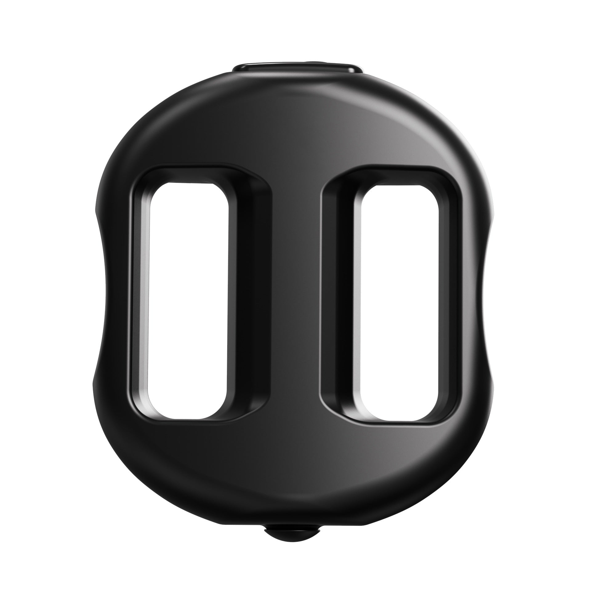 A black plastic bicycle saddle with two vertical cutouts, shown from a front-facing perspective on a solid white background.